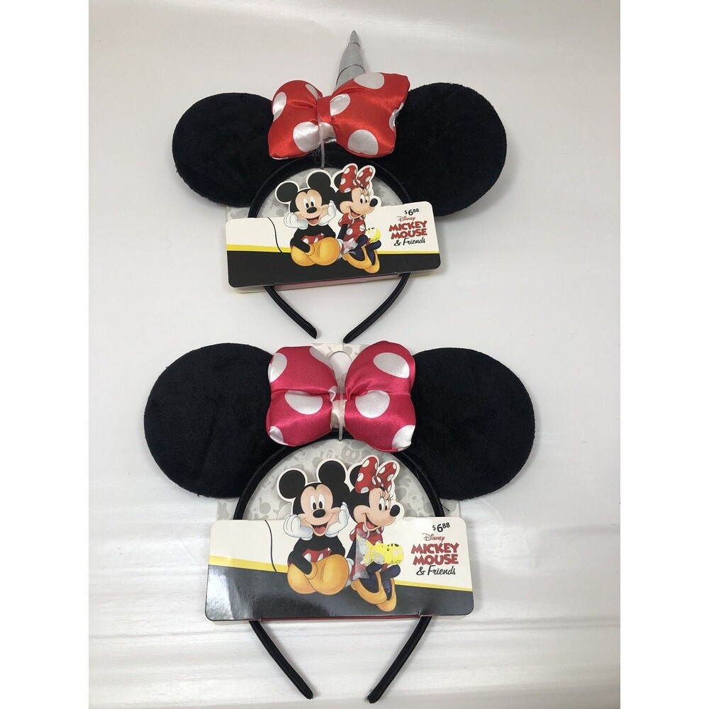2 Disney Minnie Mouse Ears Headband Red Unicorn & Pink Dress Up Costume Mickey